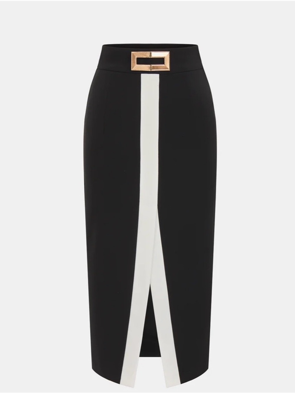 Commense Black Pencil Skirt with White Center Split and Gold Buckle